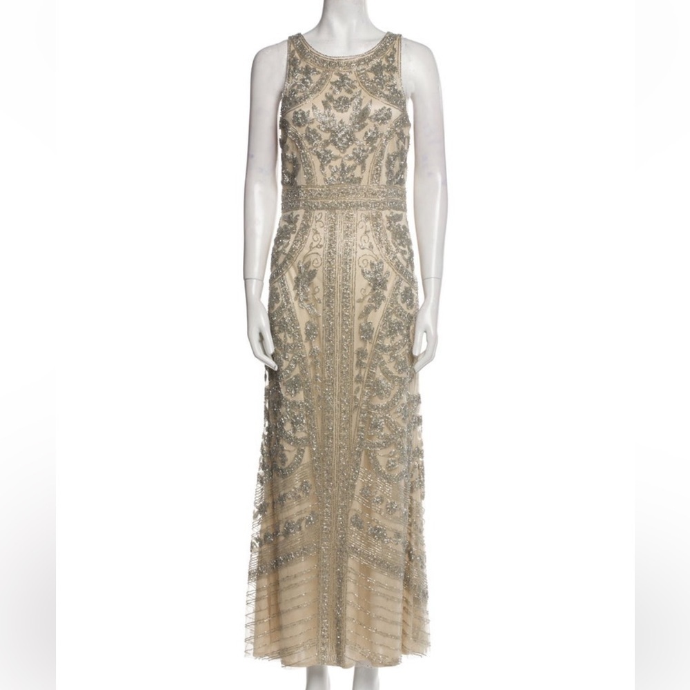Theia Silver Patterned Cream Maxi Dress